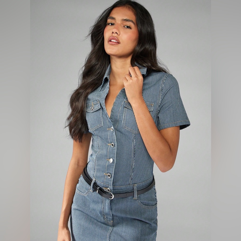 Missguided denim Striped Button-Up too